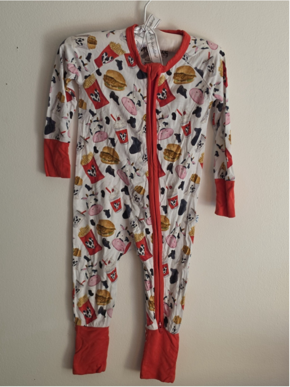 Monkeeroos "Snuggies & Nuggies" Fast Food Cow Print Bamboo Zip Sleeper 3-6 MOS